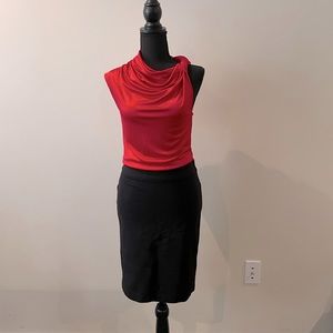 BCBGMaxAzria assymetric cowl neck red & black cocktail dress, sz XS